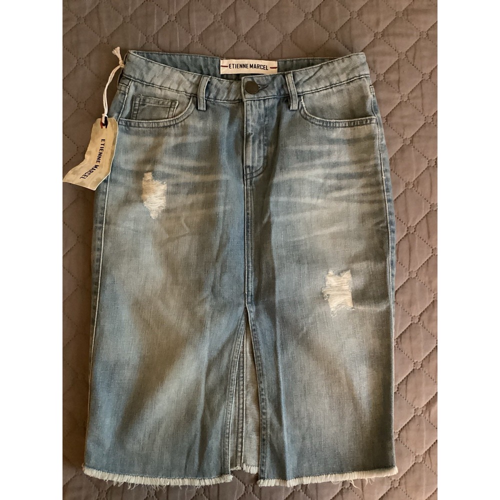 Etienne Marcel Womens Size 26 Distressed Denim Midi Skirt Front Slit Destroyed